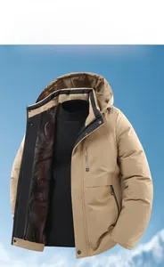 Detail of khaki men's hooded jacket featuring warm brown faux fur lining and pocket