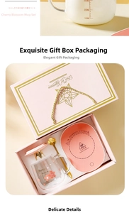Pink cherry blossom glass mug gift set with gold crown lid and electric heating base