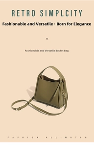 Detail of olive green pebbled leather bucket bag with gold hardware and top handle