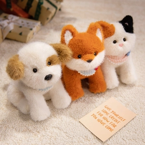 Realistic cat dog and fox plush toy set with lace scarves on a soft carpet