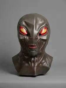 Detailed close-up showing bionic skin textures and red eyes of the alien mask