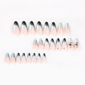 24pcs long stiletto press-on nails with silver stars, french tips and planet rhinestones