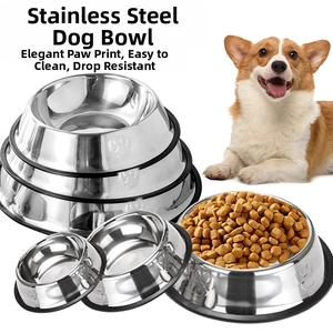Stackable stainless steel dog bowls with paw prints and non-slip rubber base for pets