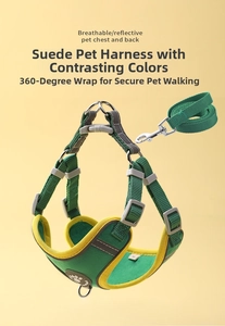 Detail view of suede pet harness set with reflective trim and green-yellow contrast design