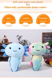 Detailed view of axolotl plush showing four-way stretch fabric and embroidery eyes