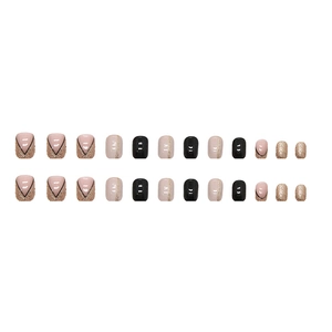 Faux ongles français 24pcs avec paillettes dorées et noir de forme carrée courte