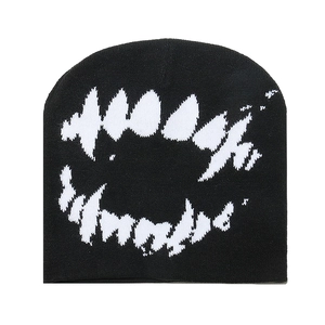 Black knit beanie with white shark teeth graphic, street style winter warm hat for adults
