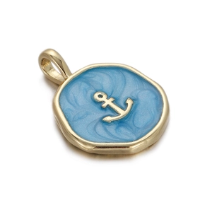 Detail of gold irregular charm with light blue enamel and 3D anchor motif on white background