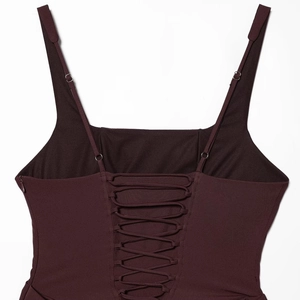 Elegant burgundy backless evening dress with adjustable straps and lace-up back detail