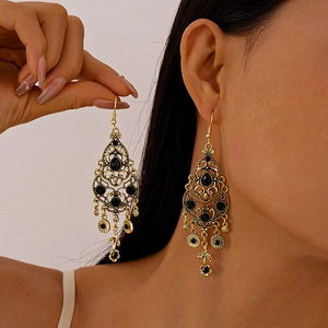 Vintage Palace Style Hollow Rose Flower Drop Earrings With Black Rhinestones And Stainless Steel Earring Post