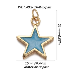 Macro view of gold five-pointed star pendant with blue enamel and sizing measurements