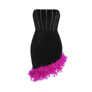 Sexy black tube dress with vibrant pink feather trim and asymmetric corset body design