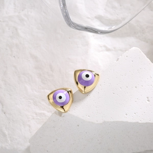 18K gold plated triangle eye stud earrings with purple enamel and zircon inlay