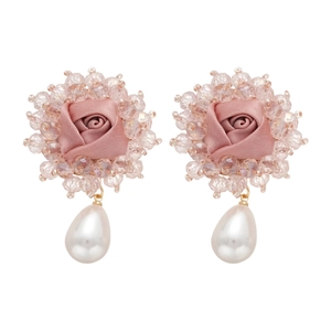 Elegant fabric rose earrings with pearl drop and crystal beads in sweet romantic style