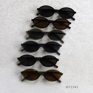 Vertical stack of retro oval polarized sunglasses in six different color finishes