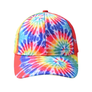 Colorful tie-dye baseball cap with curved brim and classic six-panel structure in cotton