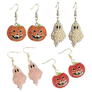Halloween Pumpkin Ghost Dangle Earrings Rhinestone Alloy Sparkly Festive Party Holiday Jewelry For Women