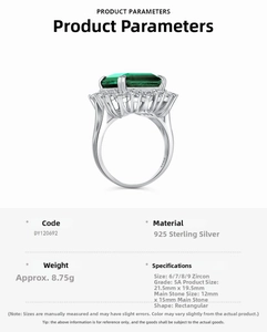 Macro detail of S925 hallmark on silver ring with large emerald-cut green zircon