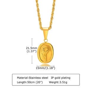 Detailed view of sunflower engraved oval pendant with dimensions and twisted chain info