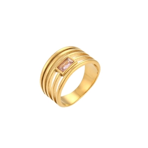 Bague multicouche dorée 18K avec zircon rectangulaire rose au design vintage chic