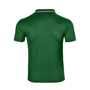 Detail of dark green polo shirt featuring tricolor red white and blue striped collar