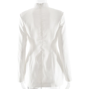Detailed back view of white slim fit blazer dress showing elegant stand collar and stitching