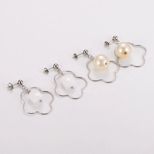 Silver stainless steel hollow flower earrings with pearl and square bead pendants