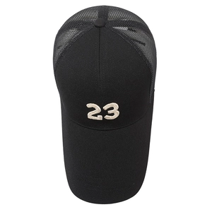 Men's black mesh trucker hat with long brim and white number 23 embroidery for summer fishing