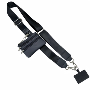 Adjustable black nylon phone strap with dual-zipper coin pouch and metal clips