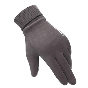 Winter thermal grey suede sport gloves with ribbed cuffs and windproof touch screen design
