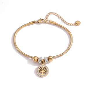 18K gold plated stainless steel snake chain bracelet with Tree of Life zircon charm