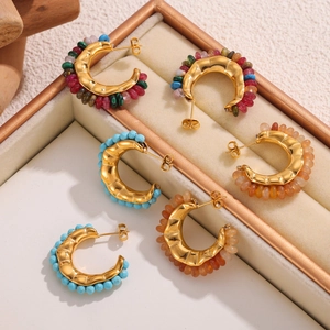 Bohemian 18k gold plated stainless steel teardrop earrings with colorful beaded accents