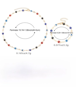 Detail of colorful evil eye necklace and bracelet set in gold finish with size measurements