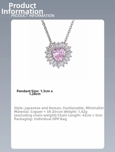 Detail showing heart-shaped pink zircon pendant dimensions 1.3cm by 1.28cm on silver chain