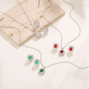 Vintage Square Zirconia Jewelry Set With Copper Pendant Necklace And Stud Earrings For Women Emerald Ruby White Gemstone