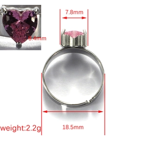 Detailed size specifications of heart-shaped pink gem ring with weight and dimensions