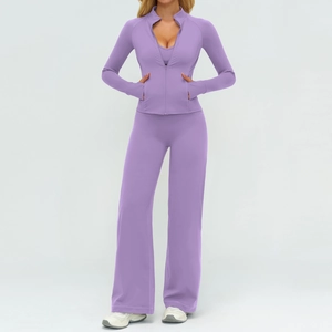 Detailed view of light purple yoga set with zipper jacket and wide-leg sports pants