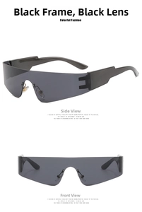 Futuristic rimless punk sports sunglasses in black frame with dark grey shield lenses