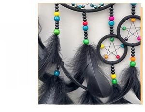 Detail of dreamcatcher featuring black feathers, colorful beads and star woven net