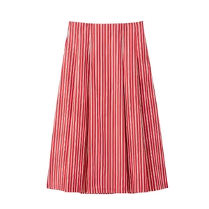 Women's red and white vertical striped midi skirt set in a classic A-line silhouette