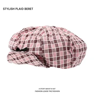 Plaid Cotton Beret Hat Women Newsboy Cap With Black Bow Sweet Retro Japanese Style Breathable Sunshade Painter Hat