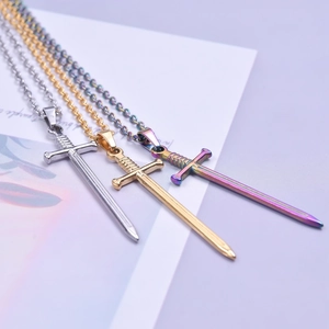 Sword pendant necklaces in silver, gold, and rainbow finishes with steel cross chains