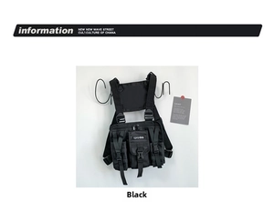 Detailed view of black tactical chest bag featuring multiple pockets and durable buckles