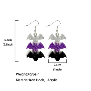 Three-tier Halloween bat acrylic earrings in silver purple black 6.4cm drop length