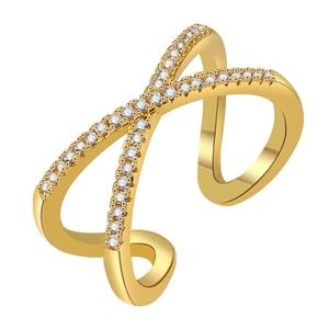 Elegant gold-plated criss-cross open ring featuring pavé-set cubic zirconia accents