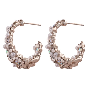 Elegant C-shaped hoop earrings with pearls and dazzling crystals in a gold-plated setting
