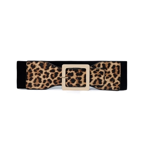 Detailed view of women's leopard print wide elastic waist belt with gold square buckle