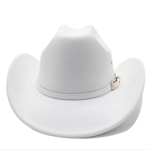 Detail of white felt cowboy hat featuring a leather strap with a gold metal buckle