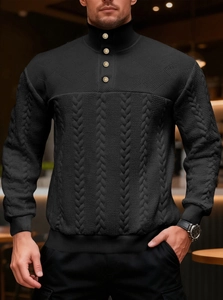 Close-up of black knitted sweater showing 3D texture and gold collar buttons