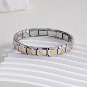 Italian modular charm bracelet in stainless steel with elegant golden flower patterns